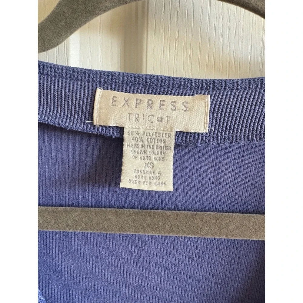 Vintage Express Tricot Cardigan Sweater Blue Ribbed Knit Button Front Pockets XS